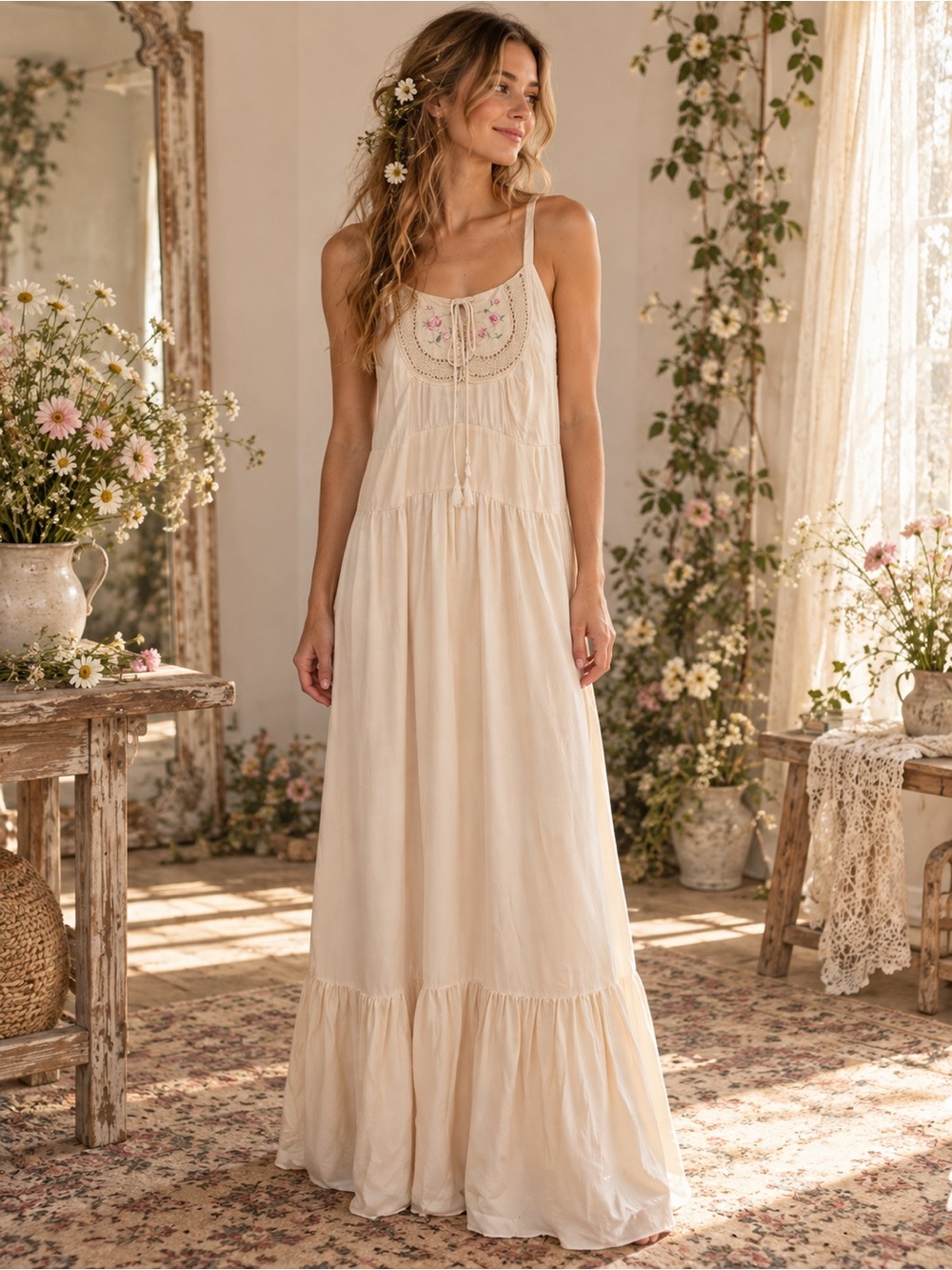 Gunne Sax Cream Maxi Dress with Pink Embroidered Bodice